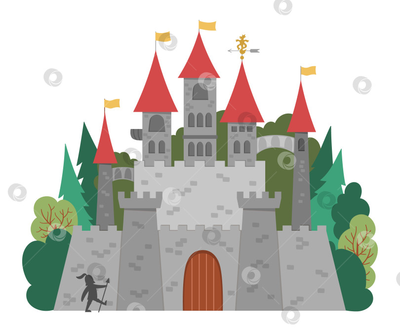 Скачать Векторный значок замка, изолированный на белом фоне. Картинка из Волшебного королевства. Большой средневековый каменный дворец с башнями, флагами, воротами, деревьями, стражем. Иллюстрация сказочного королевского дома фотосток Ozero