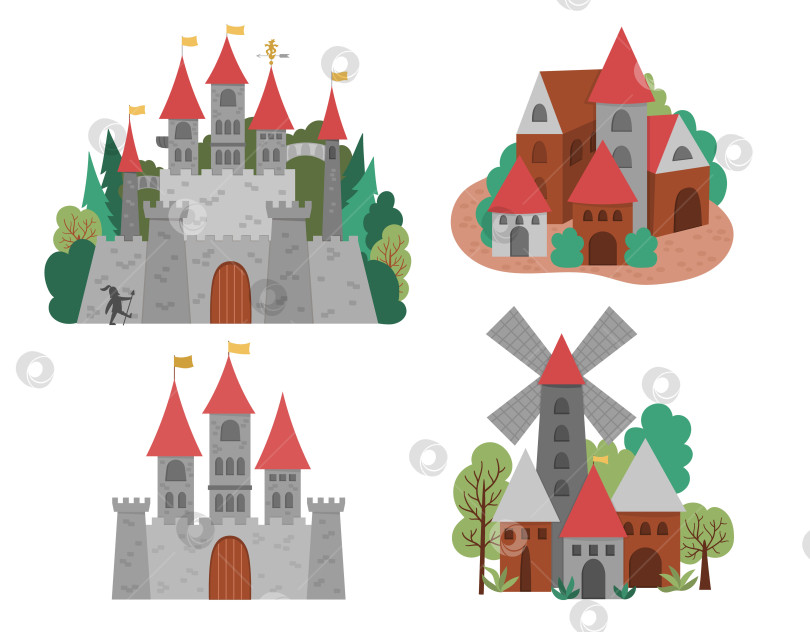 Скачать Векторные иконки со средневековыми замками и деревнями. Коллекция "Волшебное королевство". Большой средневековый каменный дворец с башнями, флагами, воротами, деревьями. Каменные и деревянные здания. Иллюстрация сказочного городка фотосток Ozero