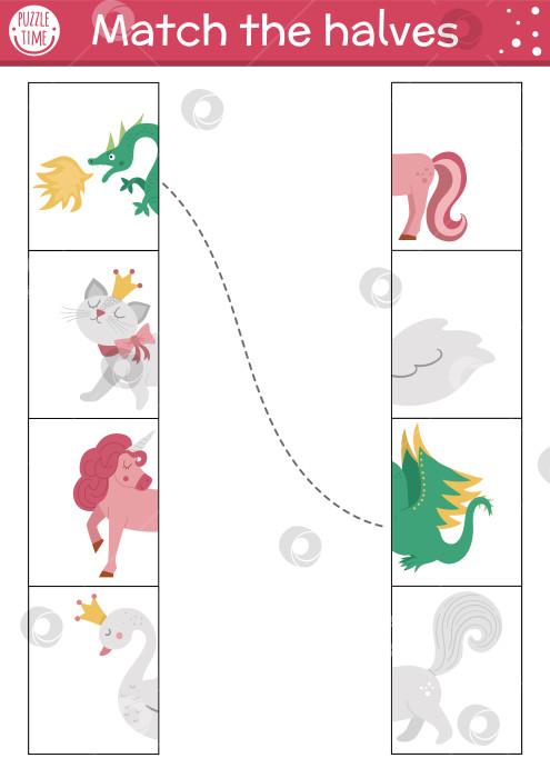 Скачать Сказка соедините половинки рабочего листа.  Комбинационная игра для детей дошкольного возраста с фантастическими существами. Сопоставьте орла и решку с драконом, единорогом, кошкой, лебедем. фотосток Ozero