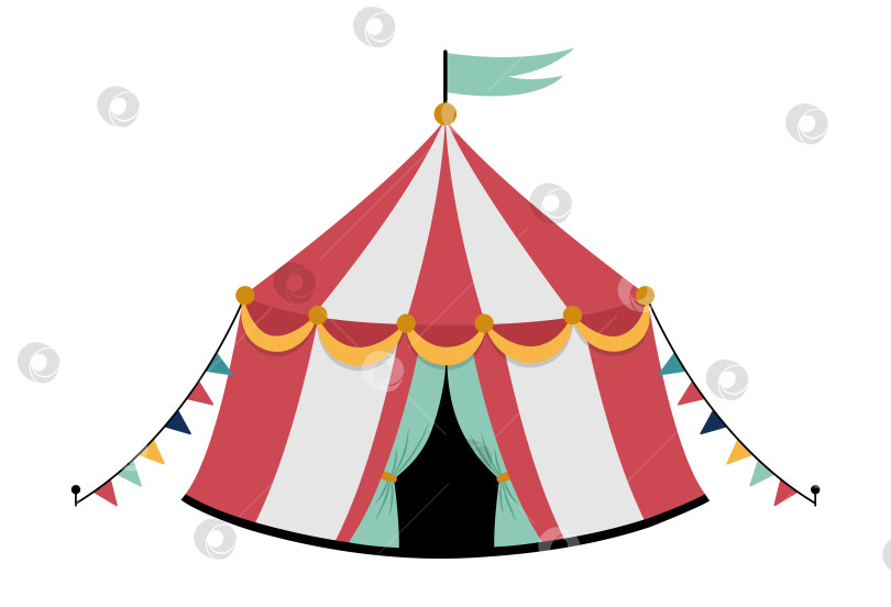 Скачать Векторный значок циркового шатра. Клипарт с шатром парка развлечений, выделенный на белом фоне. Симпатичная забавная полосатая фестивальная арена. Иллюстрация структуры уличного шоу с флагами фотосток Ozero