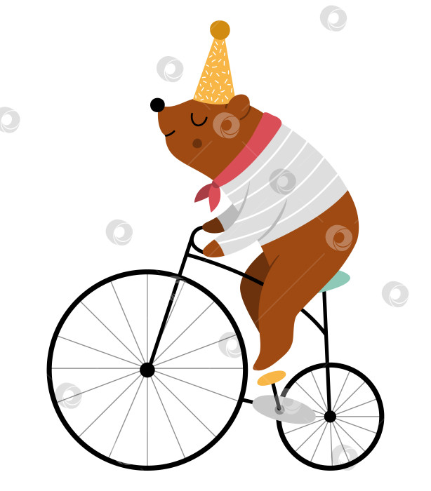 Скачать Медведь катается на велосипеде. Векторное цирковое животное. Значок праздника развлечений. Симпатичный забавный клип с фестивальным персонажем. Иллюстрация комика уличного шоу фотосток Ozero