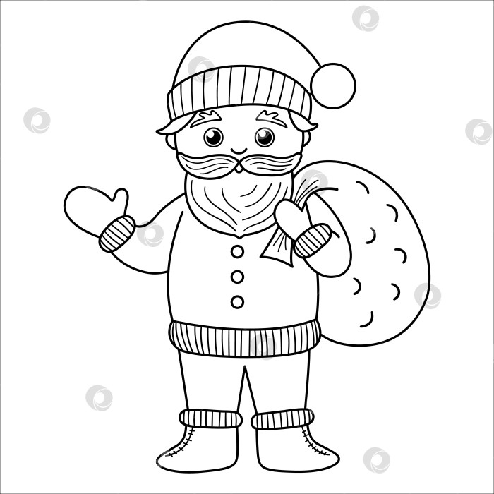 Скачать Векторный черно-белый Санта-Клаус машет рукой с мешком. Симпатичная иконка зимнего Деда Мороза или страница-раскраска. Забавная контурная иллюстрация персонажа для рождественского, новогоднего или зимнего дизайна фотосток Ozero
