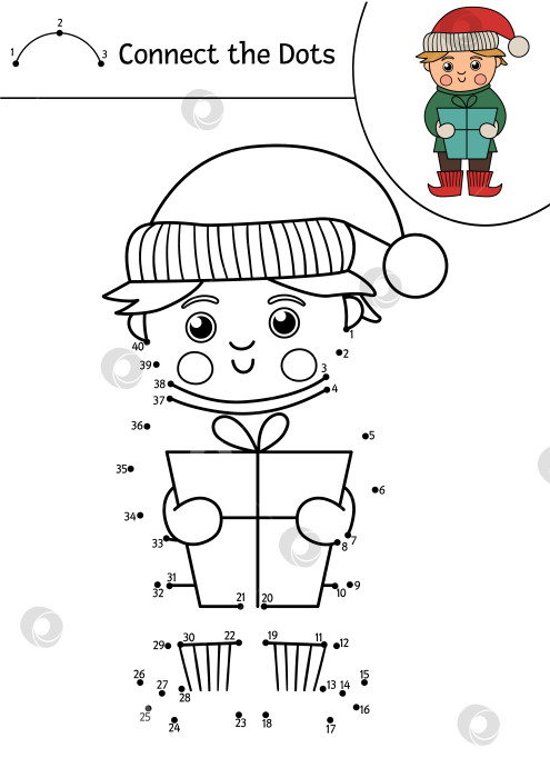 Скачать Векторная рождественская точечная и цветная активность с милым мальчиком-эльфом, держащим подарок. Зимние каникулы - игра "соедини точки" для детей. Забавная раскраска для детей с традиционным характером фотосток Ozero