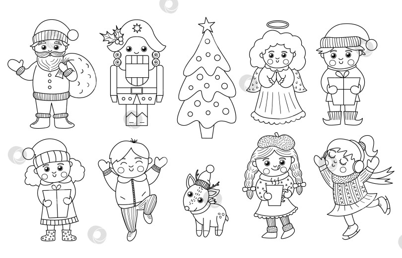 Скачать Векторный набор черно-белых рождественских персонажей. Милый зимний Санта-Клаус с мешком, Ангелом, Эльфом, иллюстрацией Щелкунчика или раскраской. Забавный набор новогодних или зимних значков с набросками фотосток Ozero