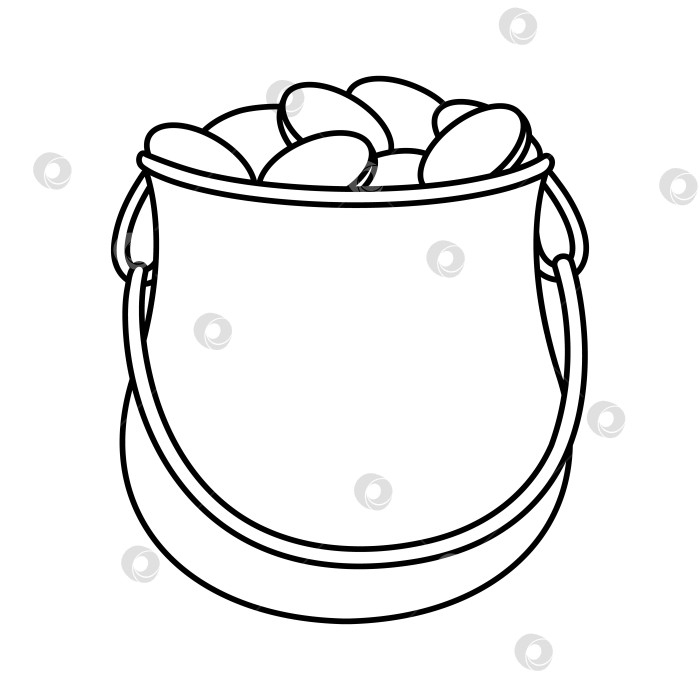 Скачать Векторный черно-белый забавный горшок с монетами. Симпатичная набросковая иллюстрация ко Дню Святого Патрика. Значок линии национального ирландского праздника или раскраска, выделенные на белом фоне. фотосток Ozero