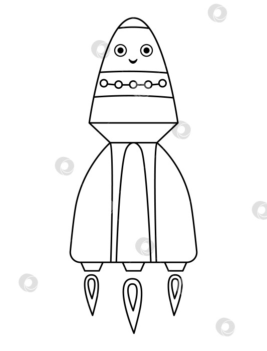 Скачать Векторная черно-белая иллюстрация ракеты для детей. Очертите улыбающийся значок космического корабля, выделенный на белом фоне. Раскраска "Исследование космоса" для детей фотосток Ozero