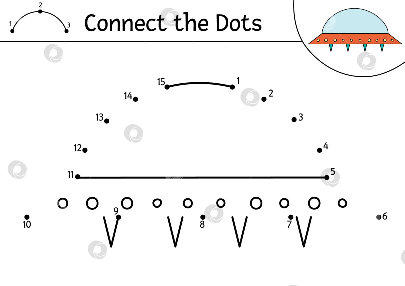 Скачать Векторное пространство от точки к точке и цветовая активность с симпатичным космическим кораблем. Астрономическая игра "соедини точки" для детей. Забавная математическая раскраска для детей с кавайным НЛО фотосток Ozero