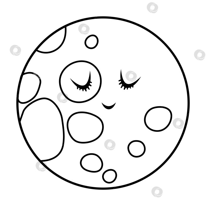 Скачать Векторная черно-белая иллюстрация луны для детей. Контурный значок улыбающейся планеты, выделенный на белом фоне. Космическая раскраска для детей фотосток Ozero