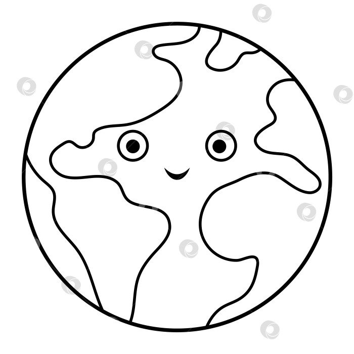 Скачать Векторная черно-белая иллюстрация земли для детей. Контурный значок улыбающейся планеты, выделенный на белом фоне. Космическая раскраска для детей фотосток Ozero
