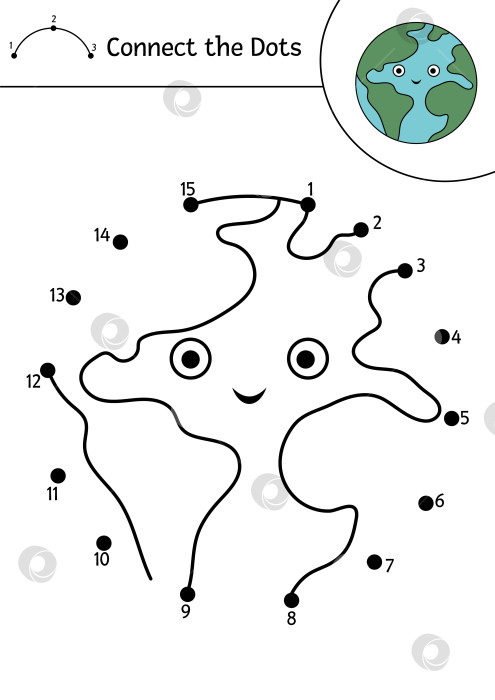 Скачать Векторное пространство от точки к точке и цветовая активность с милой планетой Земля. Астрономическая игра "соедини точки" для детей. Забавная математическая раскраска для детей со звездой каваи фотосток Ozero