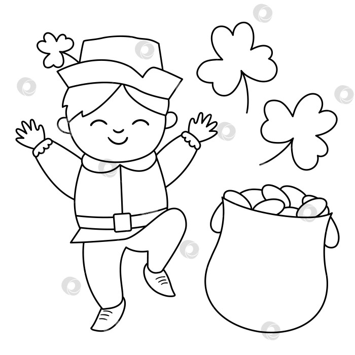 Скачать Векторный черно-белый забавный мальчик в традиционной одежде и шляпе с трилистником и горшком с золотом. Симпатичная набросковая иллюстрация ко Дню Святого Патрика. Раскраска "Линия национального ирландского праздника" фотосток Ozero