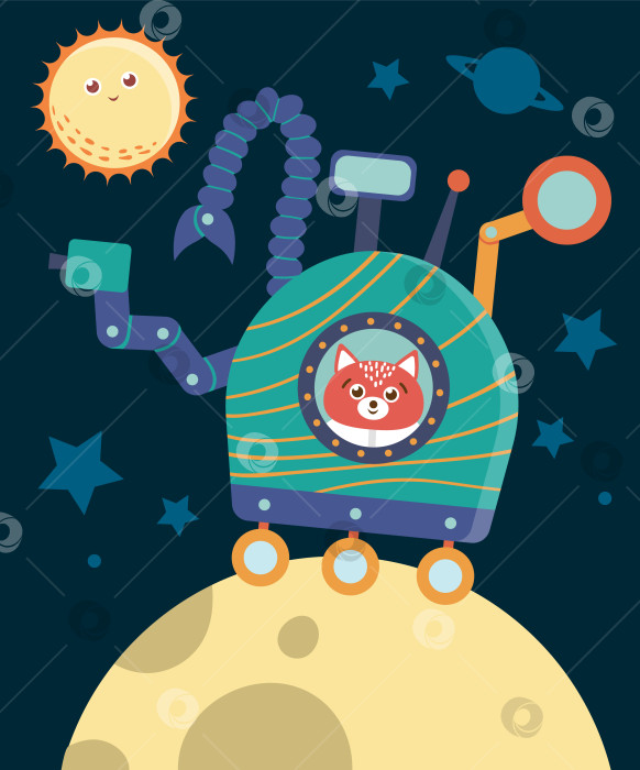 Скачать Векторная забавная лиса-астронавт в космосе на марсоходе, исследующем Луну. Симпатичная сцена галактики с планетами, звездами, космонавтом. Иллюстрация космоса для детей фотосток Ozero