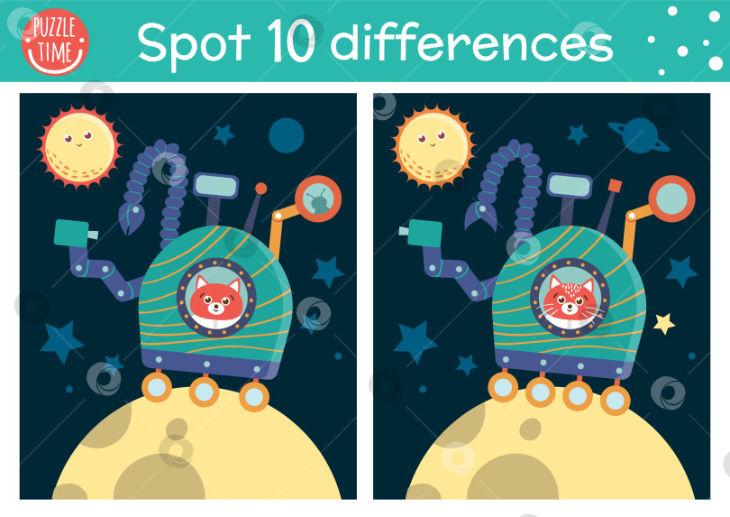 Скачать Космическая игра "Найди отличия" для детей. Образовательное занятие по астрономии с забавным астронавтом, исследующим Луну на марсоходе. Рабочий лист для печати с планетами и звездами. Симпатичная головоломка с НЛО для детей фотосток Ozero