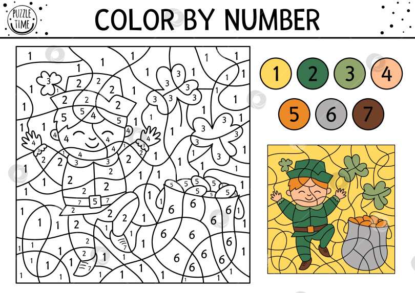 Скачать Векторный Святой Патрик раскрашивает по номерам активность с мальчиком, листьями трилистника, горшком с золотом. Весенняя праздничная игра-раскраска и подсчет голосов с милым малышом. Забавная страничка с раскраской ирландских праздников для детей. фотосток Ozero