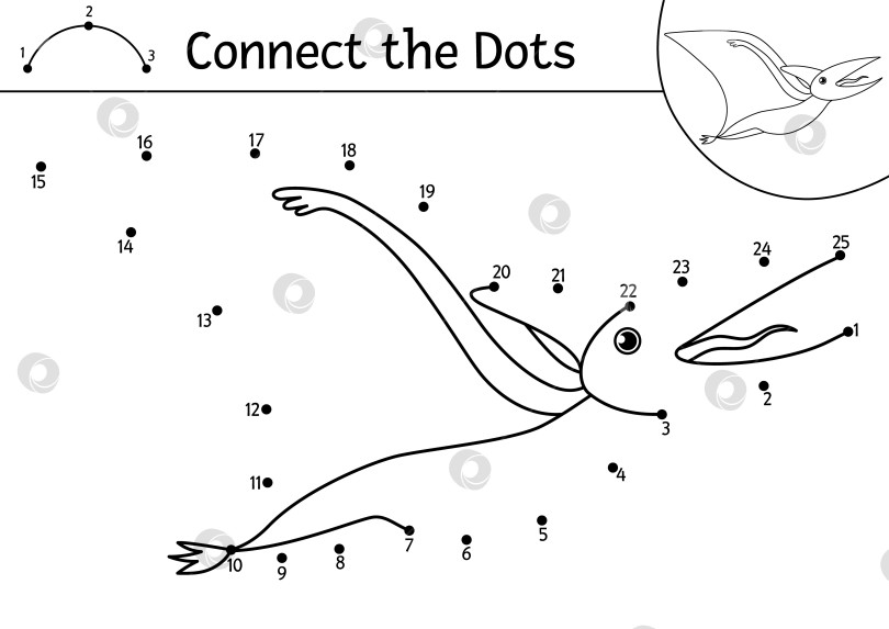 Скачать Векторная точечная и цветовая активность с милым летающим динозавром-птеродактилем. Доисторическая игра "соедини точки" для детей. Забавная математическая раскраска для детей с динозавром фотосток Ozero