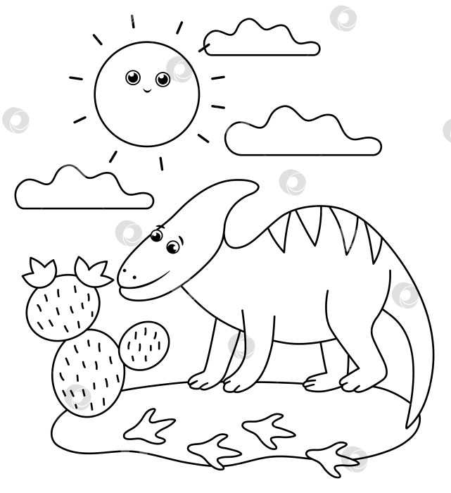 Скачать Черно-белый динозавр в пустыне под солнцем с кактусами. Иллюстрация наброска летней сцены с милым динозавром. Забавная раскраска для детей о доисторических рептилиях фотосток Ozero