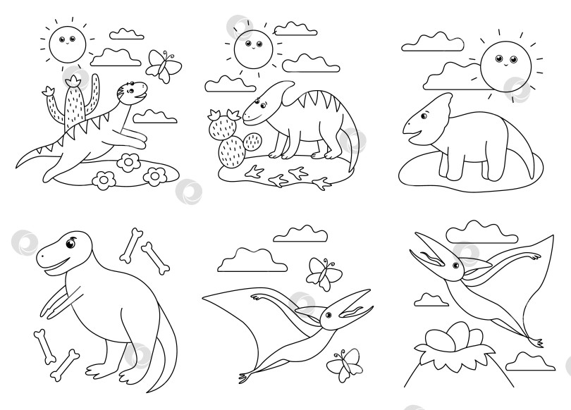 Скачать Черно-белые сцены с милыми динозаврами. Иллюстрация с динозаврами, играющими, летающими, бегающими. Забавная иллюстрация доисторических рептилий или раскраска для детей фотосток Ozero