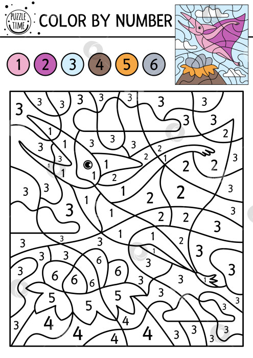 Скачать Векторный доисторический цвет по номеру активности с динозавром. Древняя игра-раскраска животных и подсчет голосов с милым динозавром. Забавная развивающая раскраска для детей. фотосток Ozero