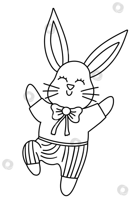 Скачать Векторная черно-белая иллюстрация кролика. Пасхальная традиционная иконка в виде линии животных. Симпатичная раскраска весеннего кролика для детей. Счастливый заяц в штанах прыгает от радости фотосток Ozero