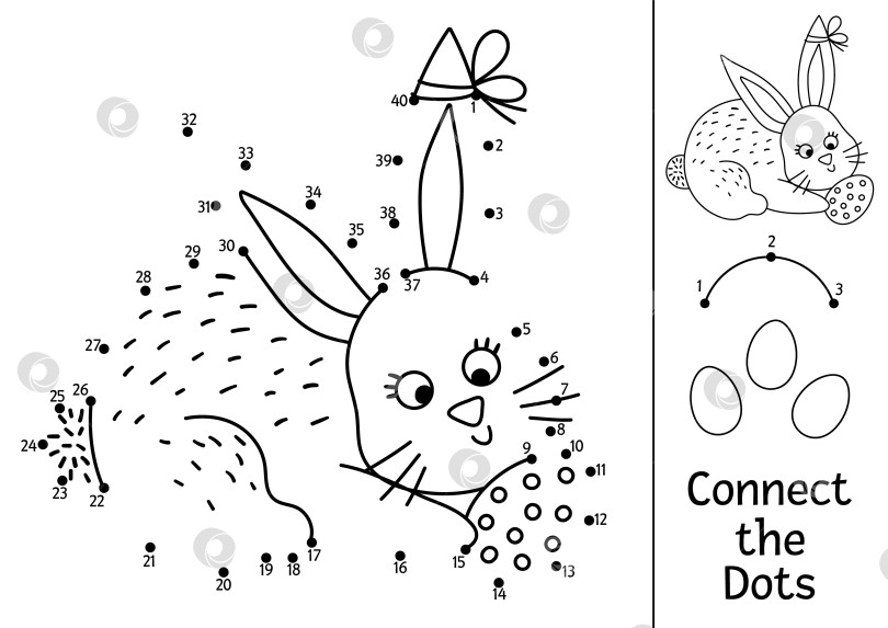Скачать Векторная пасхальная игра от точки к точке и раскрашивание с милым кроликом, держащим яйцо. Весенний праздник - игра "соедини точки" для детей с традиционным животным. Забавная очаровательная раскраска для детей. фотосток Ozero