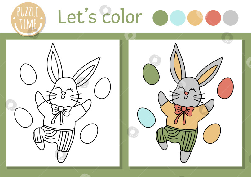 Скачать Пасхальная раскраска для детей. Забавный кролик с крашеными яйцами. Векторная праздничная контурная иллюстрация с милым традиционным животным. Очаровательная весенняя раскраска для детей с цветным примером фотосток Ozero