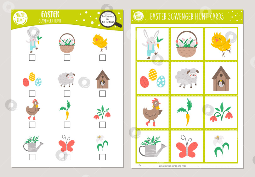 Скачать Набор векторных пасхальных открыток для охоты на падальщиков. Игра "Ищи и находи" с милым кроликом, курицей, цыпленком, пасхальными яйцами для детей. Поисковая деятельность на весенних каникулах. Простой учебный лист для печати фотосток Ozero