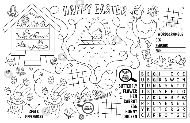 Скачать Векторная пасхальная салфетка для детей. Коврик для активного отдыха для весенних праздников с лабиринтом, таблицами крестиков-ноликов, "соедини точки", "найди отличия". Черно-белый игровой коврик или раскраска фотосток Ozero