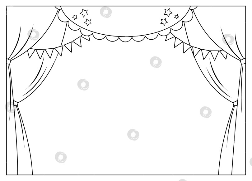 Скачать Векторная черно-белая сцена театра или цирка с занавесками, флагами и местом для текста. Фон линии концертной сцены. Оформление зала. Раскраска для праздничного мероприятия или развлекательного шоу фотосток Ozero