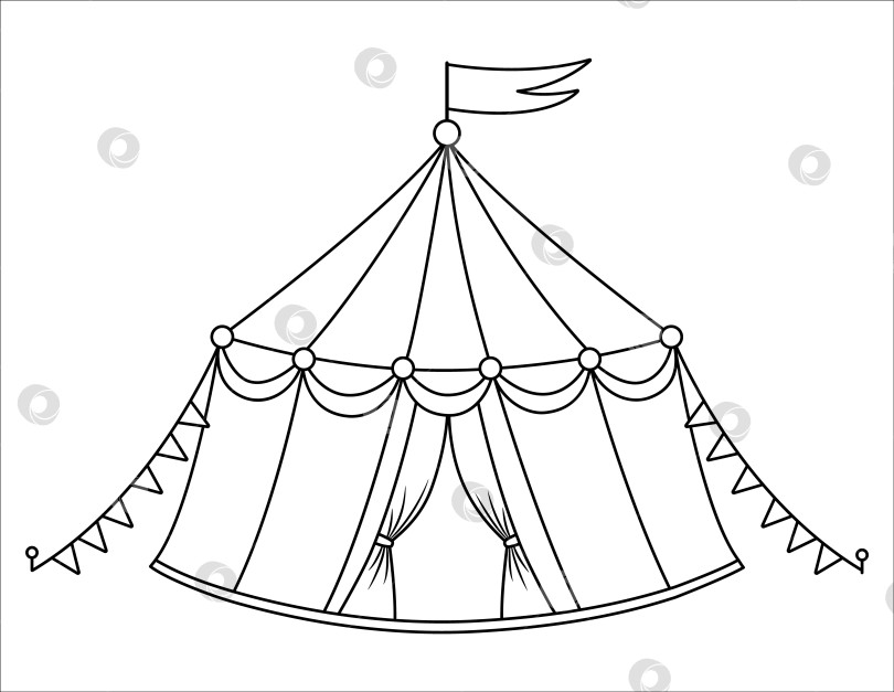 Скачать Векторный черно-белый значок циркового шатра. Клипарт с контуром шатра парка развлечений. Симпатичная забавная полосатая фестивальная арена. Иллюстрация структуры уличного шоу или раскраска с флагами фотосток Ozero