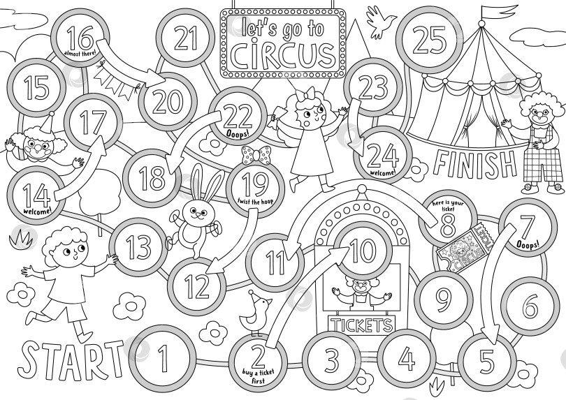 Скачать Цирковая черно-белая настольная игра в кости для детей с мальчиком, бегущим на рынок, клоунами. Развлекательное шоу или настольная игра "праздничная линия". Развлекательное мероприятие на фестивале или раскраска фотосток Ozero