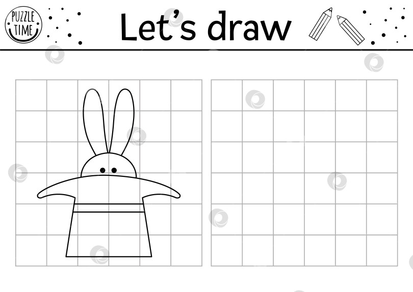 Скачать Нарисуйте кролика в шляпе. Завершите картину. Рабочий лист для практики рисования векторного цирка. Черно-белое занятие для дошкольников с зайцем для печати. Игра на тему фестиваля "Скопируй картинку" фотосток Ozero