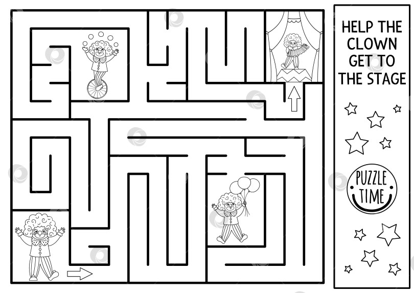 Скачать Цирковой черно-белый лабиринт для детей с клоуном, выходящим на сцену. Развлекательное шоу дошкольной линейки для печати с симпатичным художником или исполнительницей. Раскраска развлекательного лабиринта фотосток Ozero