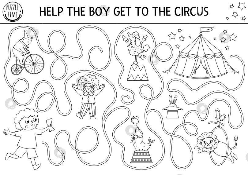 Скачать Цирковой черно-белый лабиринт для детей с мальчиком, бегущим к шатру. Развлекательное шоу для дошкольников, линейное занятие для печати с клоуном, животными. Раскраска развлекательного лабиринта фотосток Ozero
