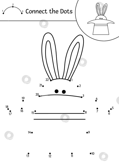 Скачать Векторная точечная и цветовая активность с милым кроликом в шляпе. Цирковая игра "соедини точки" для детей с забавным животным. Раскраска развлекательного шоу для детей. Рабочий лист для печати фотосток Ozero