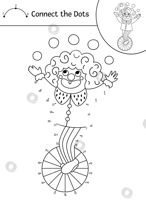 Скачать Векторная точечная и цветовая активность с милым клоуном на колесе. Цирковая игра "соедини точки" для детей с забавным жонглером. Раскраска развлекательного шоу для детей. Рабочий лист для печати фотосток Ozero