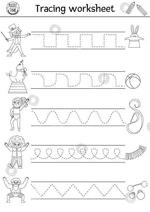 Скачать Векторный рабочий лист для отработки рукописного ввода в цирке. Развлекательное шоу для детей дошкольного возраста, черно-белое занятие для печати. Игра-трассировка для развития навыков письма с фокусником, клоуном, гимнастом, спортсменом фотосток Ozero