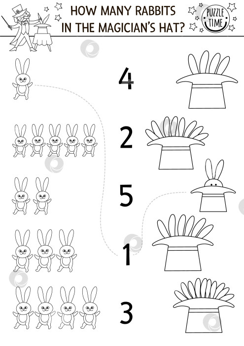 Скачать Подбери номера в черно-белой цирковой игре со шляпой фокусника и кроликами. Развлекательное шоу по математике для детей дошкольного возраста. Фестивальный образовательный счет или раскраска фотосток Ozero