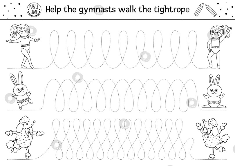 Скачать Векторный рабочий лист для отработки рукописного ввода в цирке. Развлекательное шоу для детей дошкольного возраста, черно-белое занятие для печати. Игра-трассировка для развития навыков письма. Помогите гимнасткам пройти по канату фотосток Ozero
