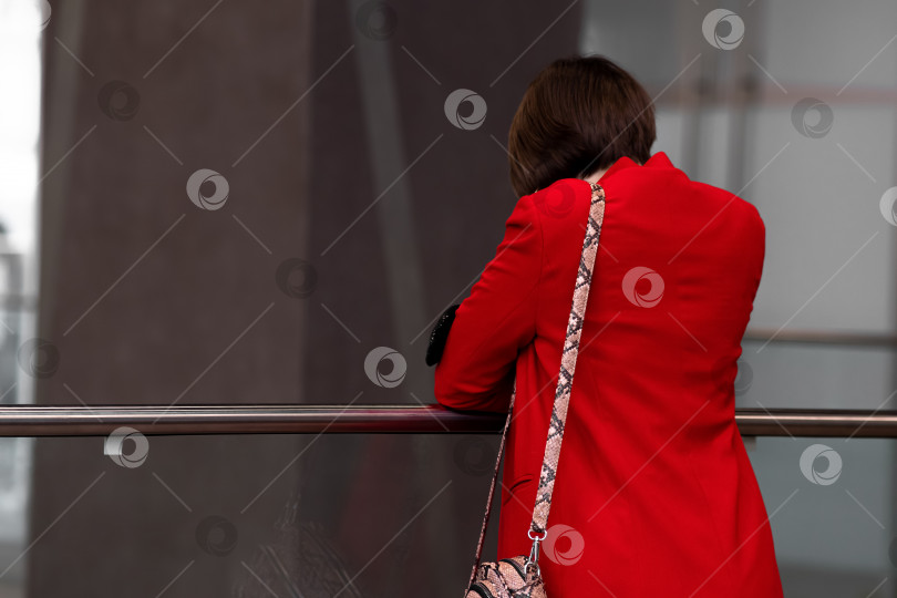 Скачать молодая женщина в красном пальто стоит спиной к зрителю в вестибюле общественного здания фотосток Ozero