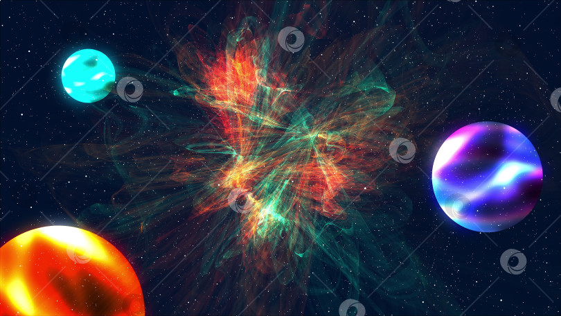 Скачать Сгенерированный компьютером красочный космический пейзаж: спиральная туманность, планеты и галактики на звездном фоне. 3D рендеринг фотосток Ozero