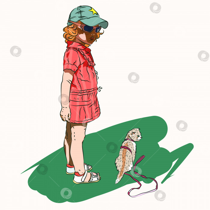 Скачать Девочка выгуливает котенка на шлейке. Иллюстрация с ребенком. фотосток Ozero