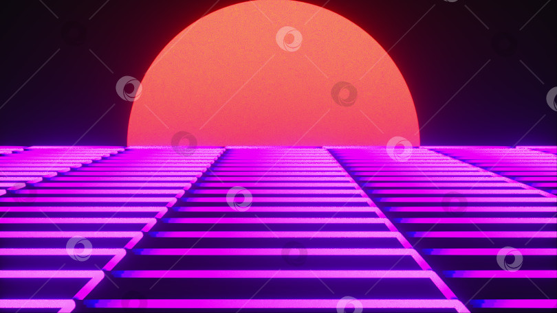 Скачать Футуристический неоновый пейзаж 80-х годов. Компьютер сгенерировал футуристическое солнце в стиле ретро. 3D-рендеринг абстрактного фона. фотосток Ozero