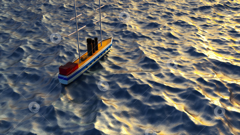 Скачать 3d-рендеринг надводной лодки в море. Сгенерированный компьютером морской корабль на фоне воды с волнами фотосток Ozero