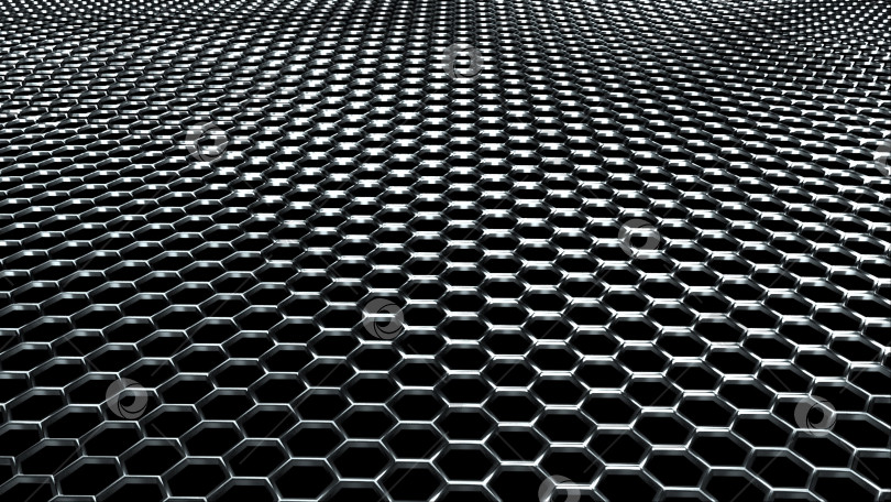 Скачать Волнистая металлическая сетка из блестящих серебряных шестиугольников. Сгенерированный компьютером современный фон, 3D-рендеринг. фотосток Ozero