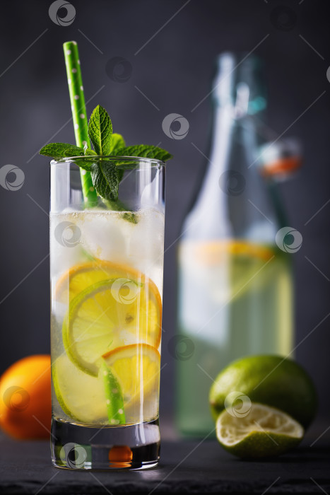 Скачать Прохладный тоник с лимоном, лаймом и мятой в прозрачном бокале с открытой бутылкой на столе фотосток Ozero