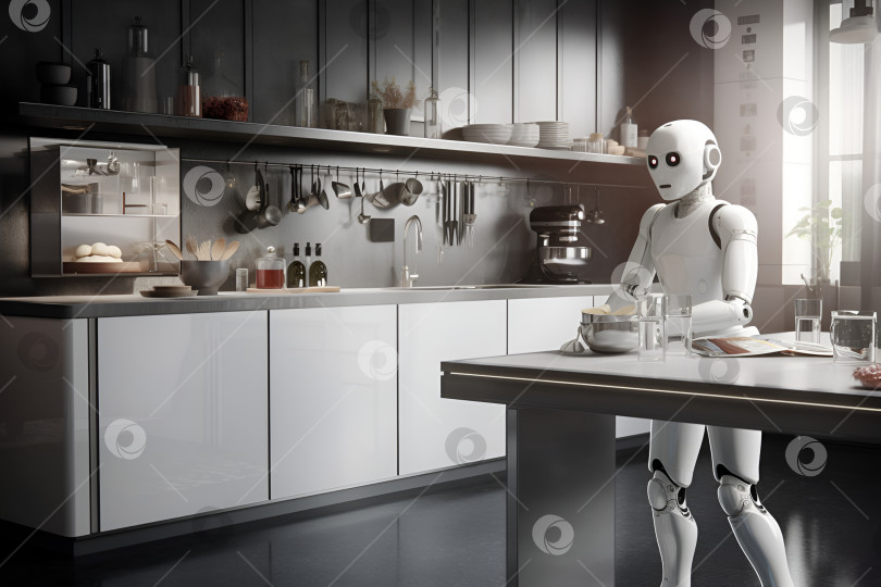 Скачать Умный робот-шеф-повар готовит и помогает на кухне. Современный интерьер с использованием инновационных технологий. Генеративный искусственный интеллект. фотосток Ozero