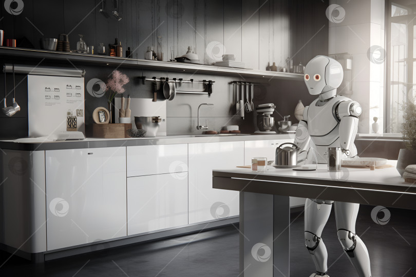 Скачать Умный робот-шеф-повар готовит и помогает на кухне. Современный интерьер с использованием инновационных технологий. Генеративный искусственный интеллект. фотосток Ozero