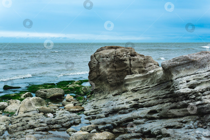 Скачать побережье Каспийского моря с прибрежными скалами и камнями, покрытыми водорослями фотосток Ozero