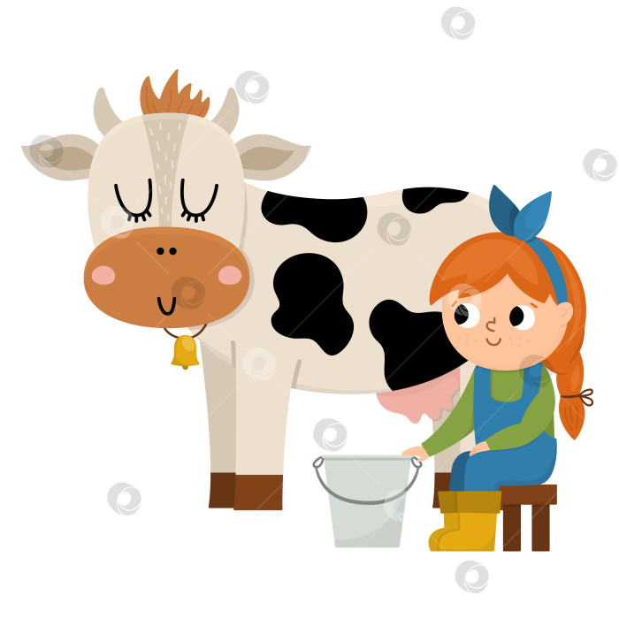 Скачать Векторный значок доярки. Девушка-фермер доит корову. Симпатичный паренек, выполняющий сельскохозяйственные работы. Сельская сцена. Ребенок с милым животным. Забавная иллюстрация фермы с мультяшными персонажами фотосток Ozero