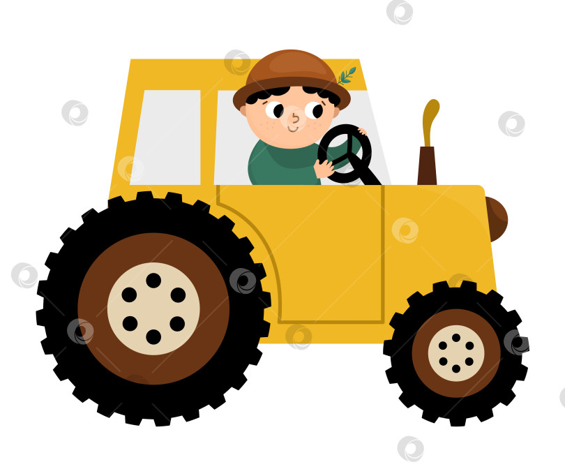 Скачать Векторный значок фермера, управляющего трактором. Фермерский транспорт с водителем, изолированным на белом фоне. Забавная сельская иллюстрация для детей с милым мальчиком. фотосток Ozero